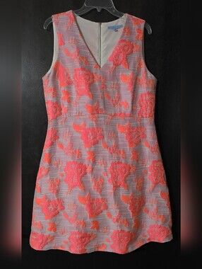 ANTONIO MELANI Coral Floral Jacquard Sheath Dress Texture Women's Size 14